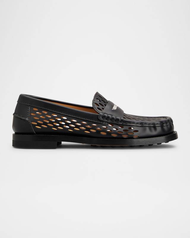 Perforated Leather Driver Penny Loafers